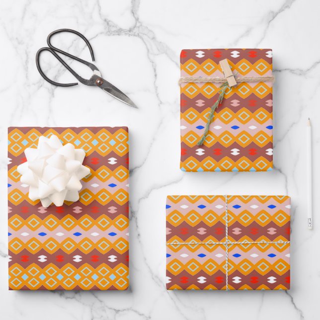 Brown Orange Ivory African Geometric Pattern Wrapping Paper Sheet (Front)