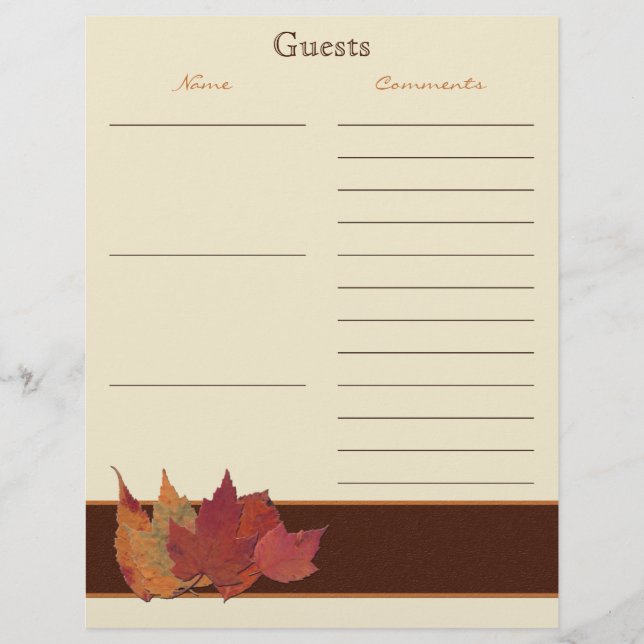Brown Orange Ivory Dried Leaves Guest Book Paper (Front)