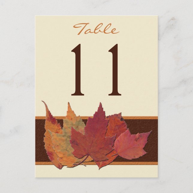 Brown Orange Ivory Dried Leaves Table Number Card (Front)
