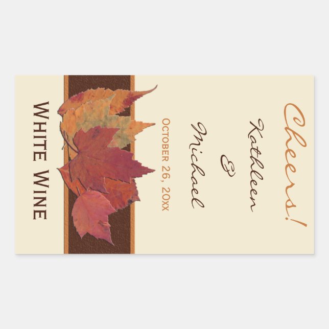 Brown Orange Ivory Dried Leaves Wedding Wine Label (Front)