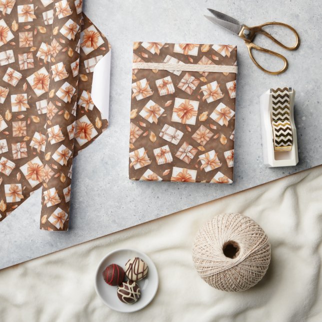 Brown Orange Leaves Gifts Wrapping Paper (Crafts)