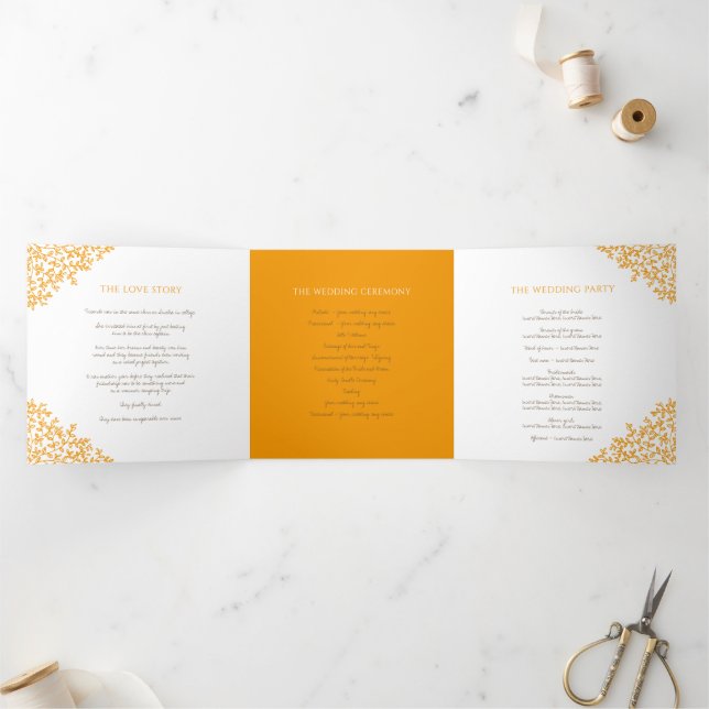 Brown orange monogram dedication photo wedding Tri Tri-Fold Programme (Inside)