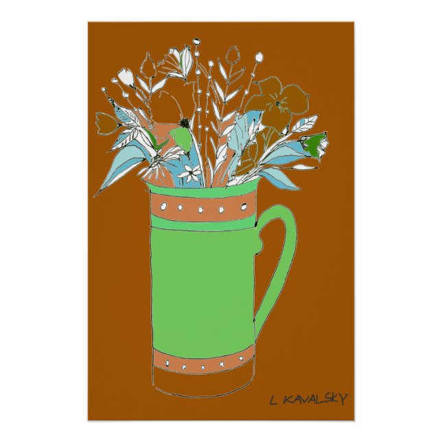 Brown Original Colourful Flowers In A Mug Poster  (Front)