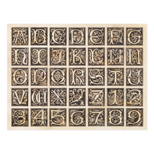 Brown Ornamental Alphabet and Numbers Postcard