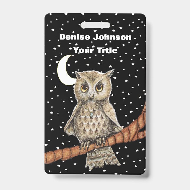 Brown Owl Golden Eyes Blue Necklace Stars Moon ID Badge (Front)