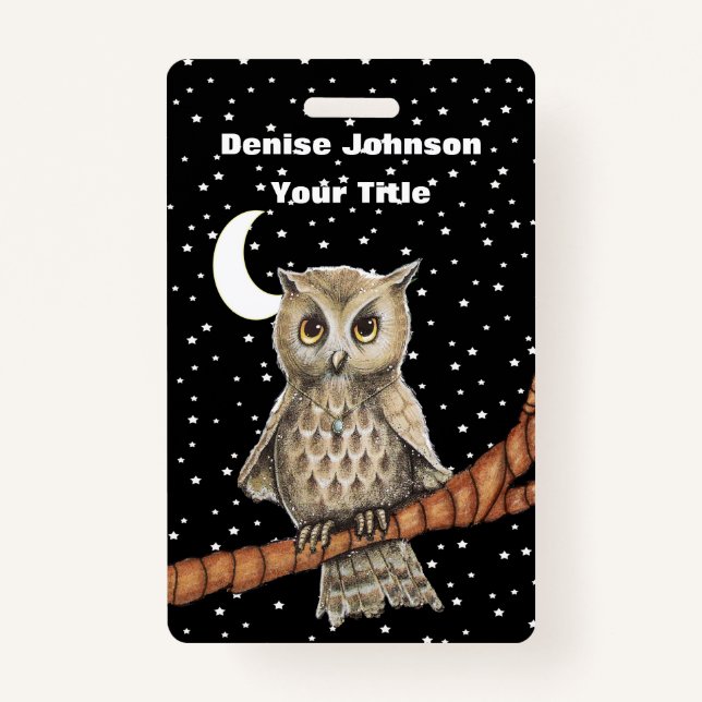 Brown Owl Golden Eyes Blue Necklace Stars Moon ID Badge (Front)