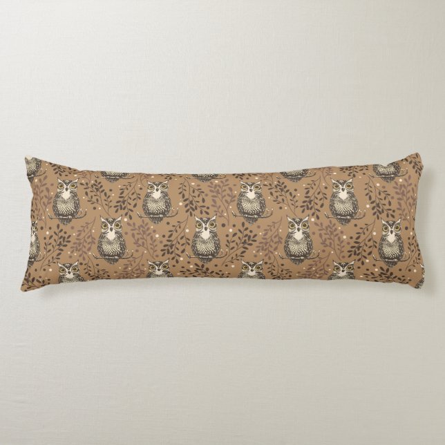 Brown Owl Illustrated Woodland Pattern Body Cushion (Front)