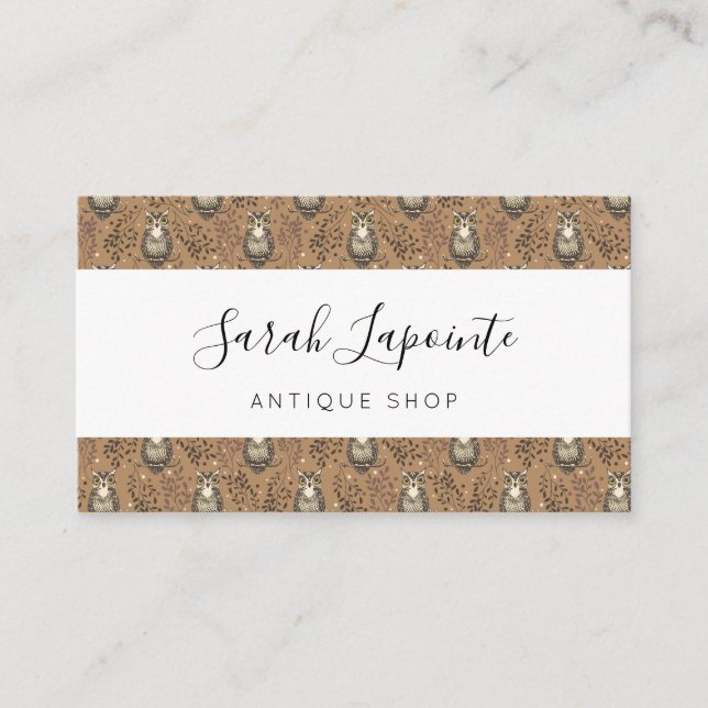Brown Owl Illustrated Woodland Pattern Business Card (Front)