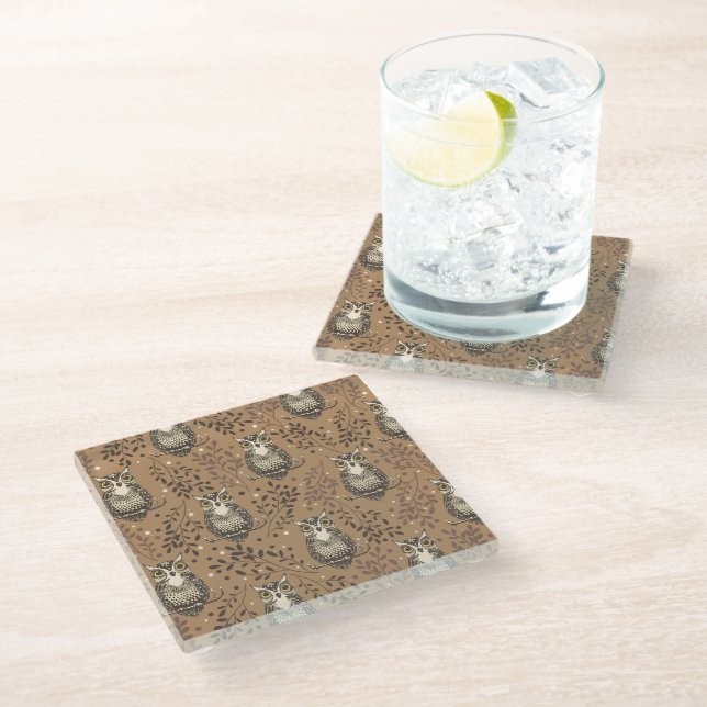 Brown Owl Illustrated Woodland Pattern Glass Coaster (Angled)