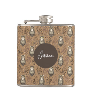 Brown Owl Illustrated Woodland Pattern Hip Flask
