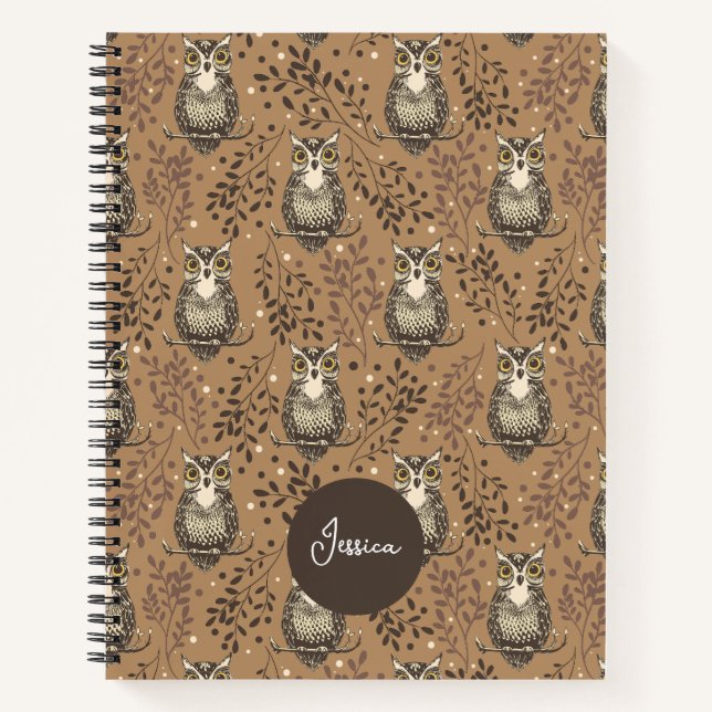 Brown Owl Illustrated Woodland Pattern Notebook (Front)