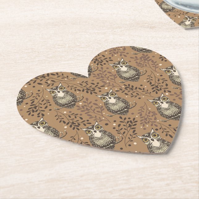 Brown Owl Illustrated Woodland Pattern Paper Coaster (Angled)
