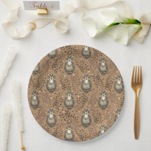 Brown Owl Illustrated Woodland Pattern Paper Plate