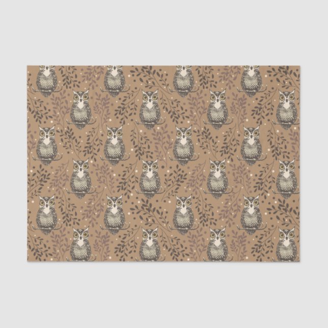 Brown Owl Illustrated Woodland Pattern Tissue Paper (Front)