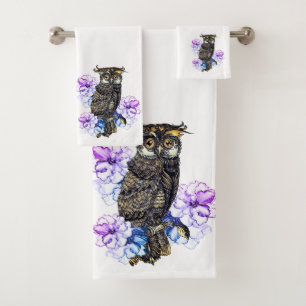 Brown Owl Purple Flowers  Bath Towel Set