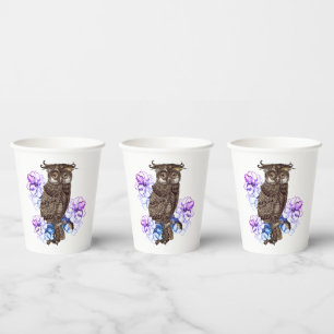 Brown Owl Purple Flowers Paper Cups