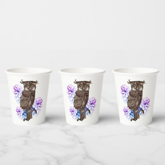 Brown Owl Purple Flowers  Paper Cups (Multi)