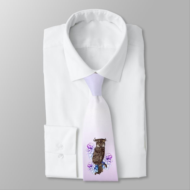 Brown Owl Purple Flowers  Tie (Tied)