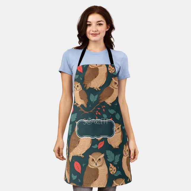 Brown Owl Retro Colourful Personalised Pattern Apron (Worn)