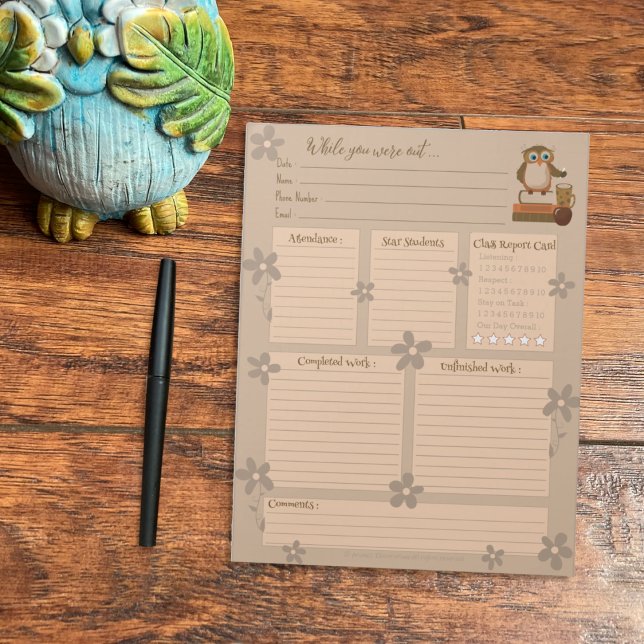 Brown Owl Substitute Report Notepad (Substitute teacher notepad template form .)