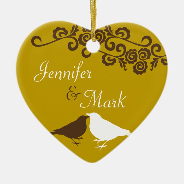 Brown pair love birds wedding couple first ceramic tree decoration (Front)