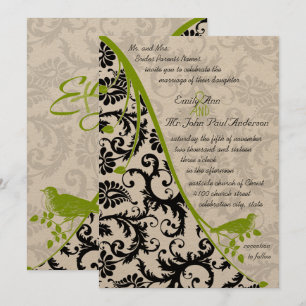 Brown Paper Black Damask Apple Green Vintage Bird Invitation