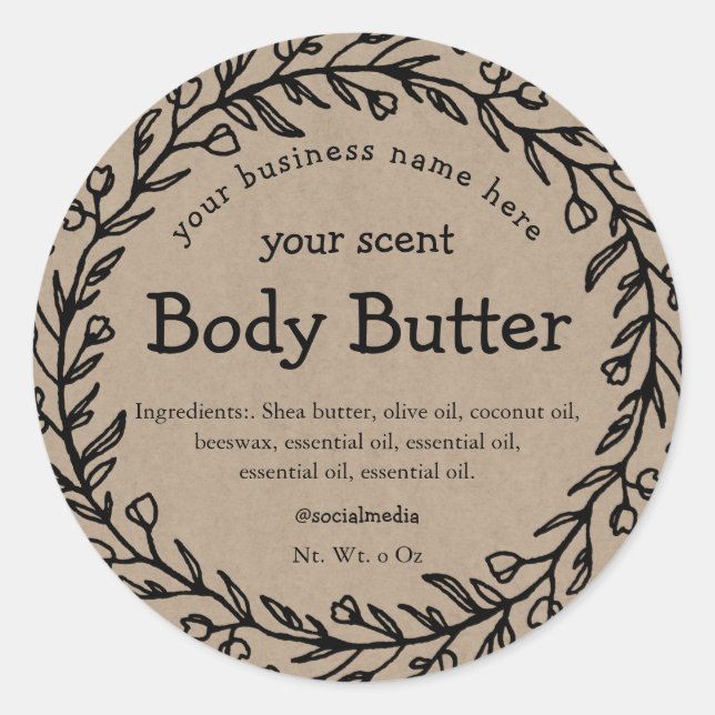 Brown paper organic rustic wreath body butter classic round sticker (Front)