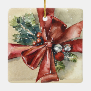 Brown Paper Package with Red & Cream Fancy Bows Ceramic Ornament