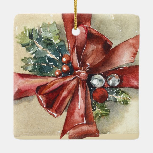 Brown Paper Package with Red & Cream Fancy Bows Ceramic Ornament (Back)
