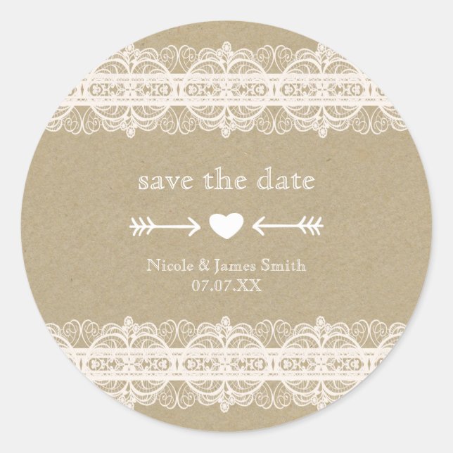 Brown Paper & White Lace Natural Rustic Wedding Classic Round Sticker (Front)