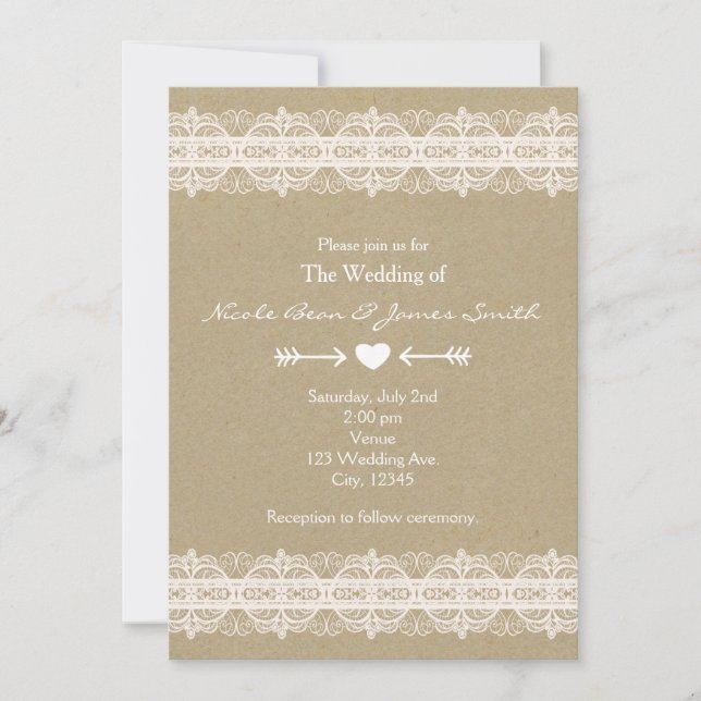 Brown Paper & White Lace Natural Rustic Wedding Invitation (Front)