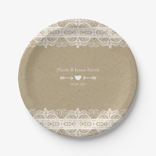 Brown Paper & White Lace Natural Rustic Wedding Paper Plate (Front)