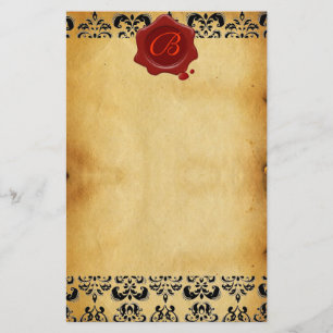 BROWN PARCHMENT DAMASK , RED WAX SEAL MONOGRAM STATIONERY