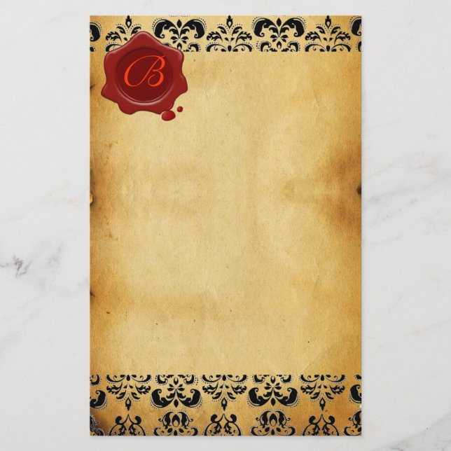 BROWN PARCHMENT DAMASK , RED WAX SEAL MONOGRAM STATIONERY (Front)