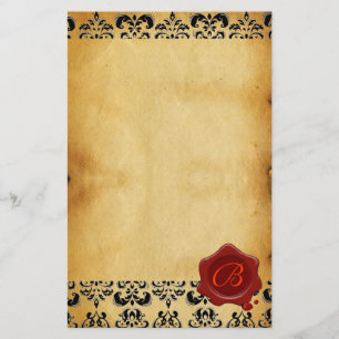 BROWN PARCHMENT DAMASK , RED WAX SEAL MONOGRAM STATIONERY