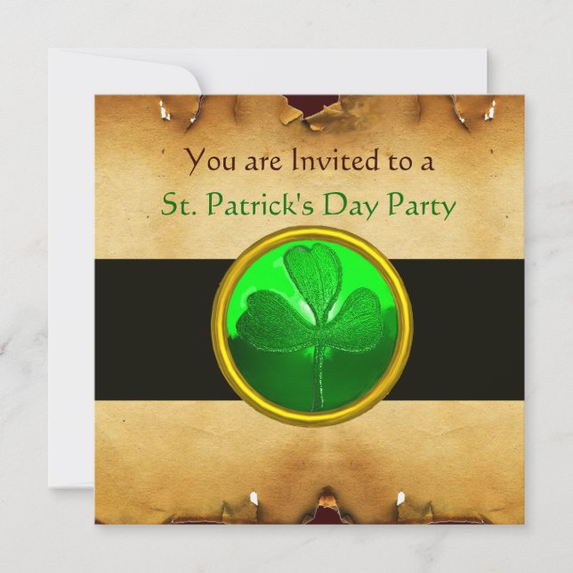 BROWN  PARCHMENT & GREEN SHAMROCK JEWEL ,black Invitation (Front)