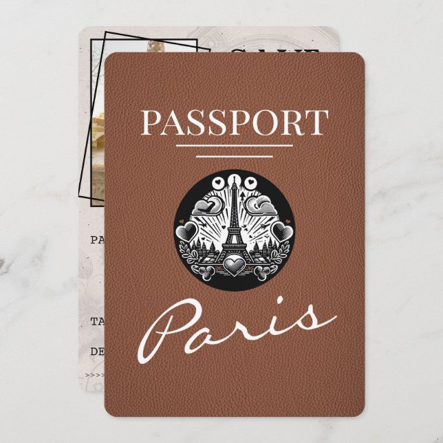 Brown Paris Passport Save The Date (Front/Back)