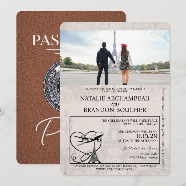 Brown Paris Passport Wedding Invitation (Front/Back)