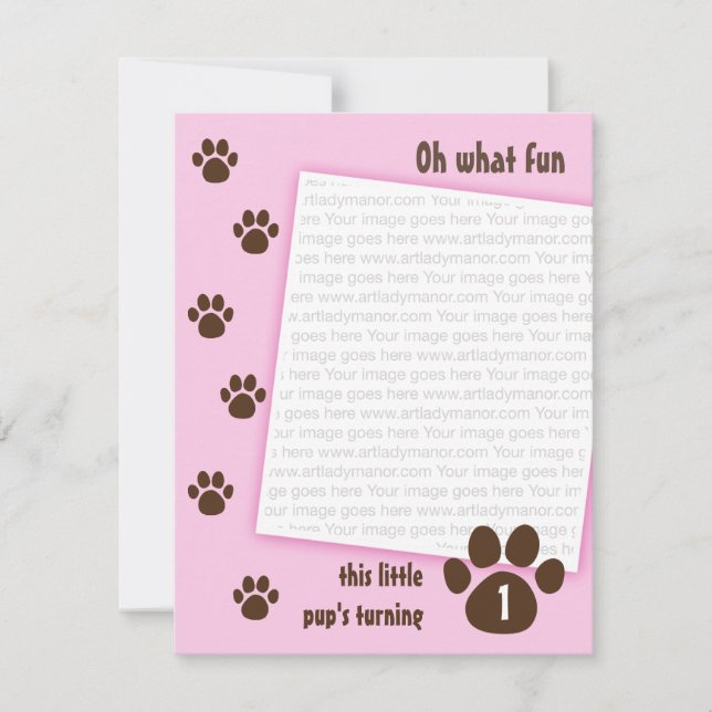 Brown Paw Print on Pink Birthday Invitation (Front)
