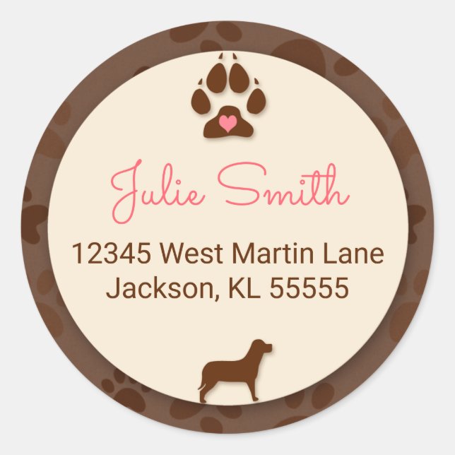 Brown Paw Print with Pink for Dog Lover's Address Classic Round Sticker (Front)