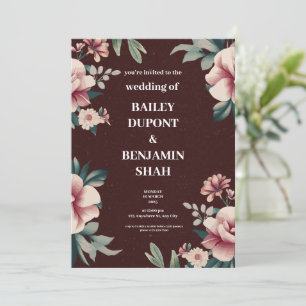 Brown Peach Floral Wedding Invitation