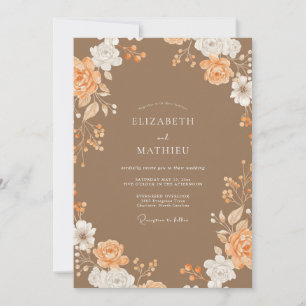 Brown Peach Peony Wedding Invitation