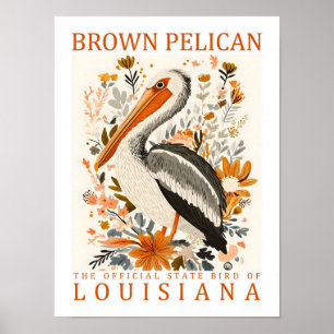 Brown Pelican Bird of Louisiana USA Travel Poster