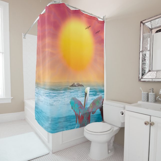 Brown Pelican ISLAND SUNSET Shower Curtain (In Situ)