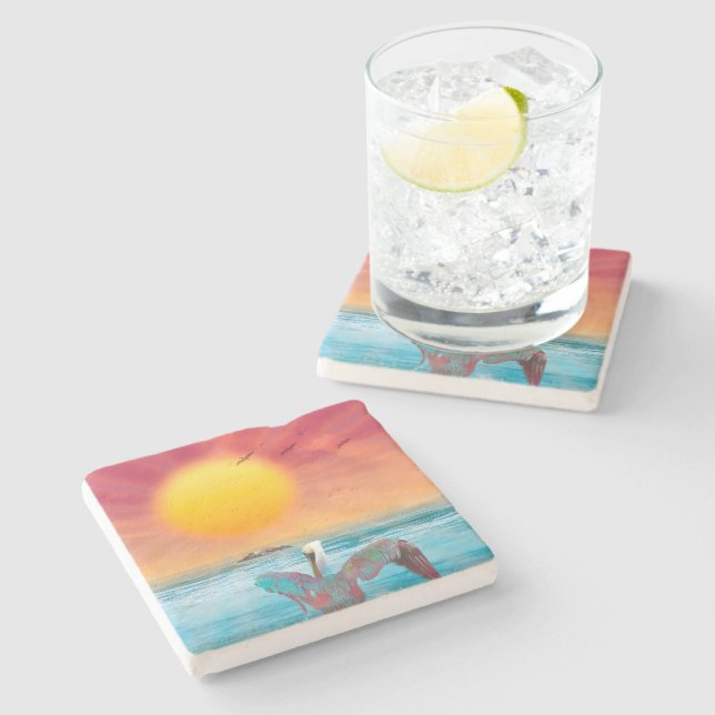 Brown Pelican ISLAND SUNSET Stone Coaster (Side)