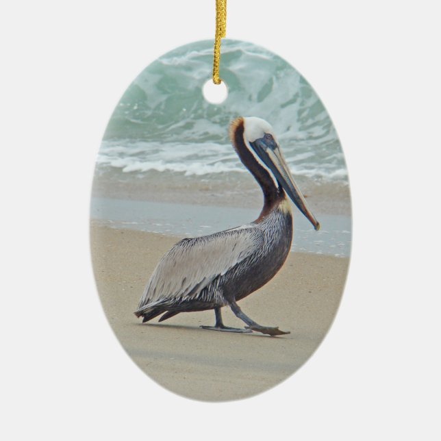 Brown Pelican on Beach Ceramic Tree Decoration (Front)