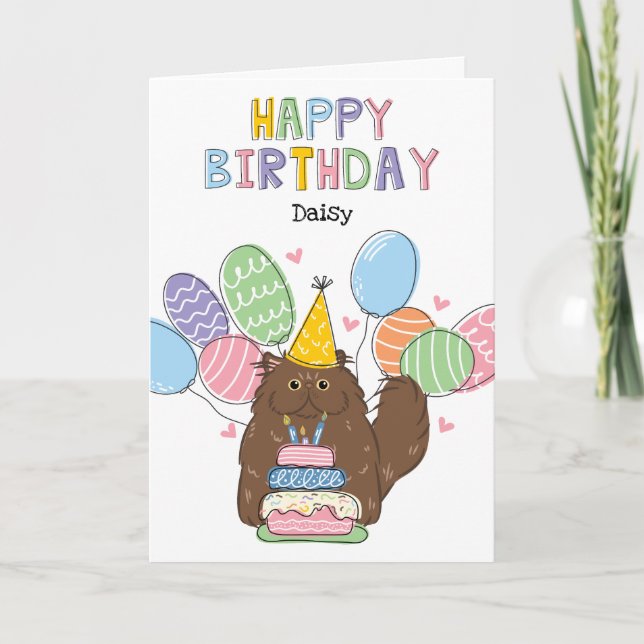 Brown Persian Cat Longhair Birthday Party Card (Front)
