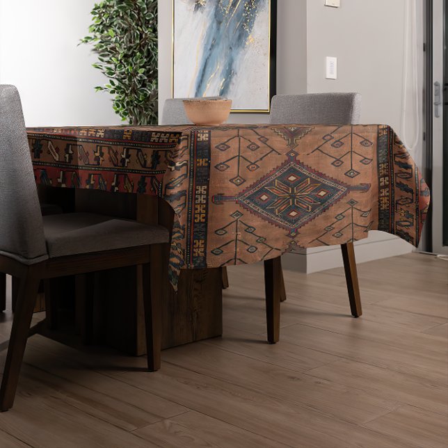 Brown Persian Geometric Shape Rug Pattern Tablecloth (A modern table is covered with an antique brown Persian rug style tablecloth.)