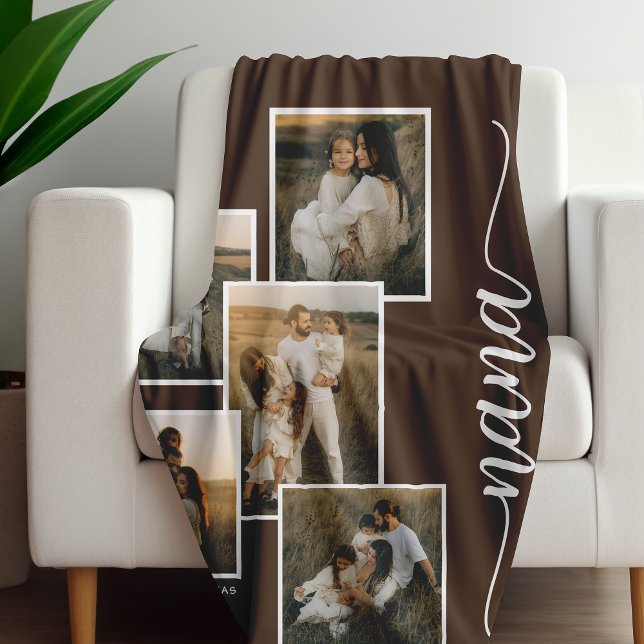 Brown Personalised Nana Grandkid 5 Photo Collage  Fleece Blanket (Creator Uploaded)