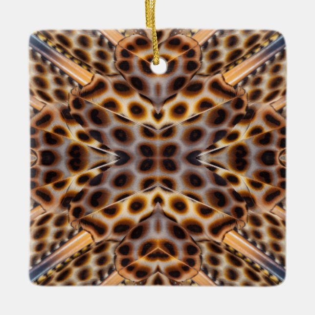Brown pheasant feather kaleidoscope ceramic ornament (Front)